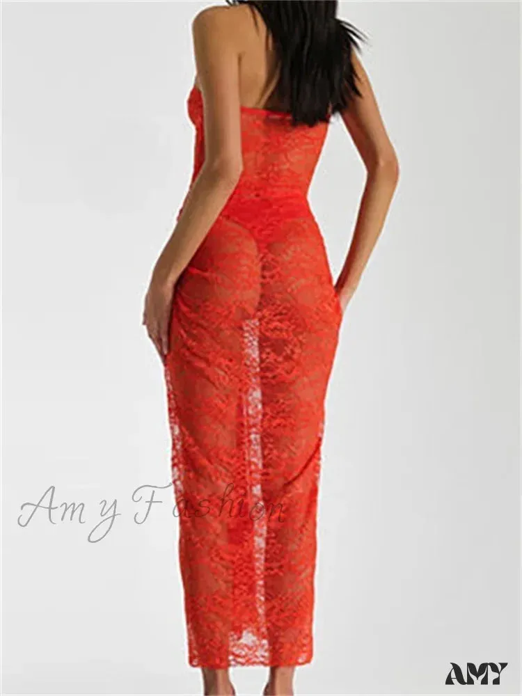 Amy Fashion - Lace Floral See Through  Tube Summer Party Clubwear for Women Strapless Off Shoulder Ruched Push Up Vestido