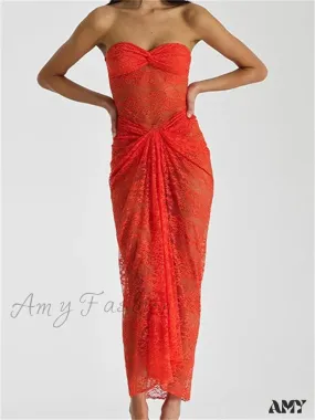 Amy Fashion - Lace Floral See Through  Tube Summer Party Clubwear for Women Strapless Off Shoulder Ruched Push Up Vestido