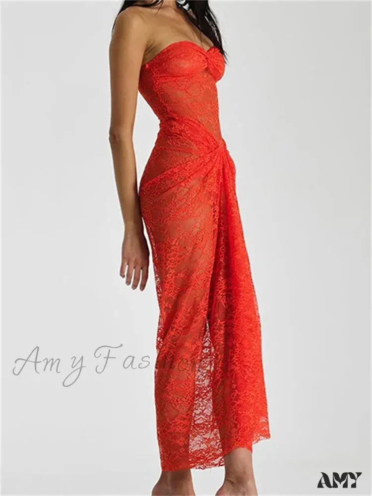 Amy Fashion - Lace Floral See Through  Tube Summer Party Clubwear for Women Strapless Off Shoulder Ruched Push Up Vestido