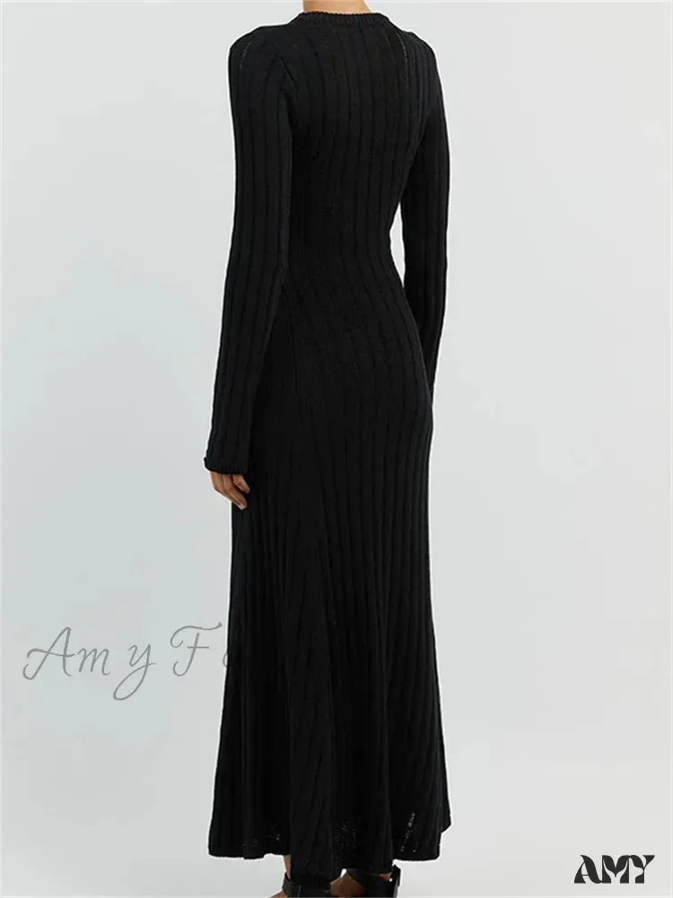 Amy Fashion - Women Knitted Ribbed  Casual Spring Autumn  Sleeve Party Beach Cocktail Club Vestidos Streetwear