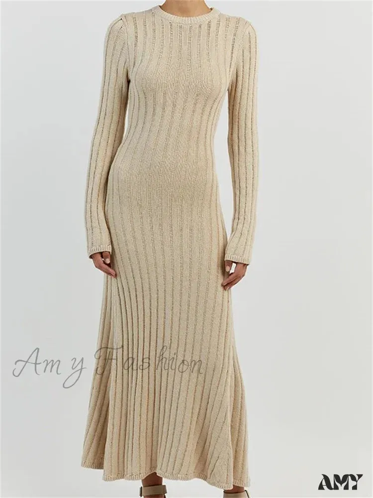 Amy Fashion - Women Knitted Ribbed  Casual Spring Autumn  Sleeve Party Beach Cocktail Club Vestidos Streetwear