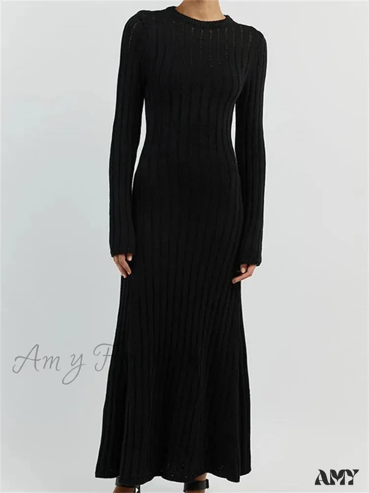Amy Fashion - Women Knitted Ribbed  Casual Spring Autumn  Sleeve Party Beach Cocktail Club Vestidos Streetwear