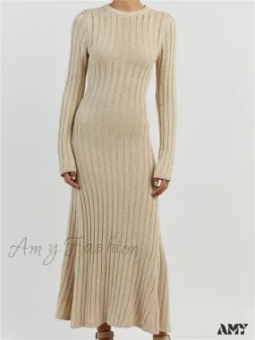 Amy Fashion - Women Knitted Ribbed  Casual Spring Autumn  Sleeve Party Beach Cocktail Club Vestidos Streetwear