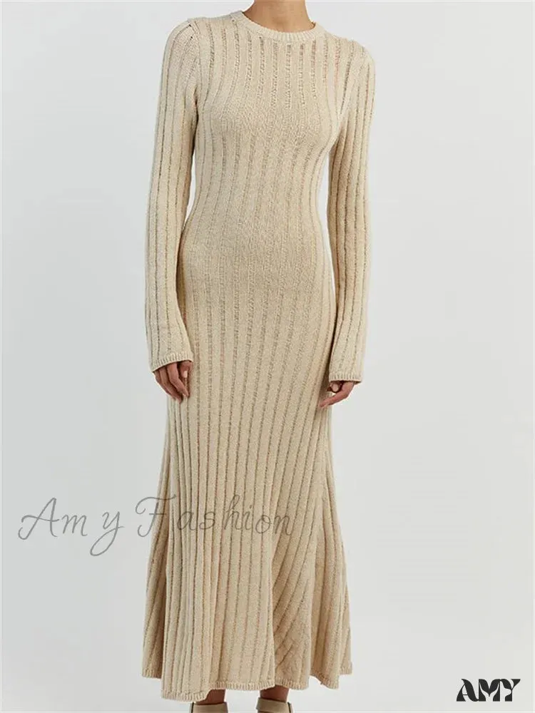 Amy Fashion - Women Knitted Ribbed  Casual Spring Autumn  Sleeve Party Beach Cocktail Club Vestidos Streetwear