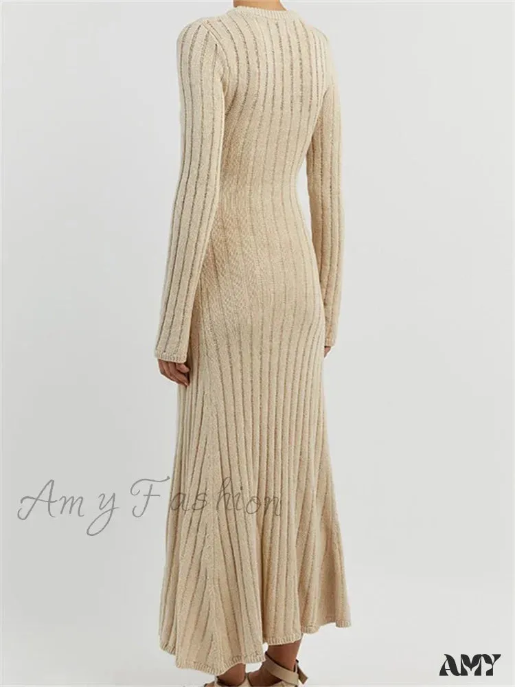 Amy Fashion - Women Knitted Ribbed  Casual Spring Autumn  Sleeve Party Beach Cocktail Club Vestidos Streetwear