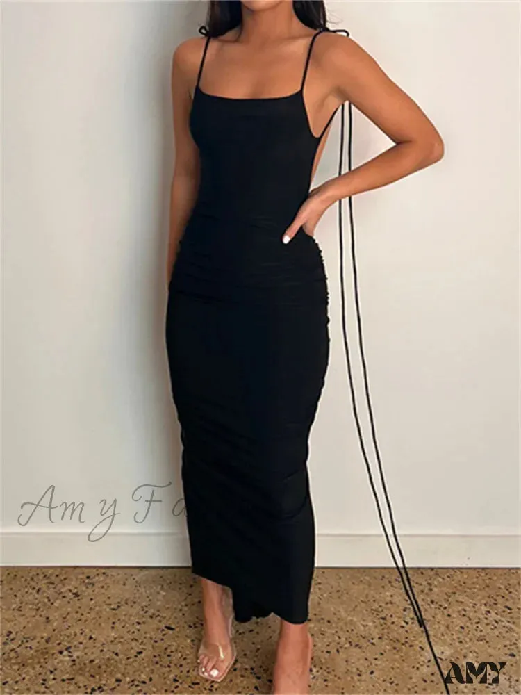 Amy Fashion - Women Sexy Backless Ruched  Adjustable Lace-up Strap Slim Elegant Solid Party Female Vestido Clubwear