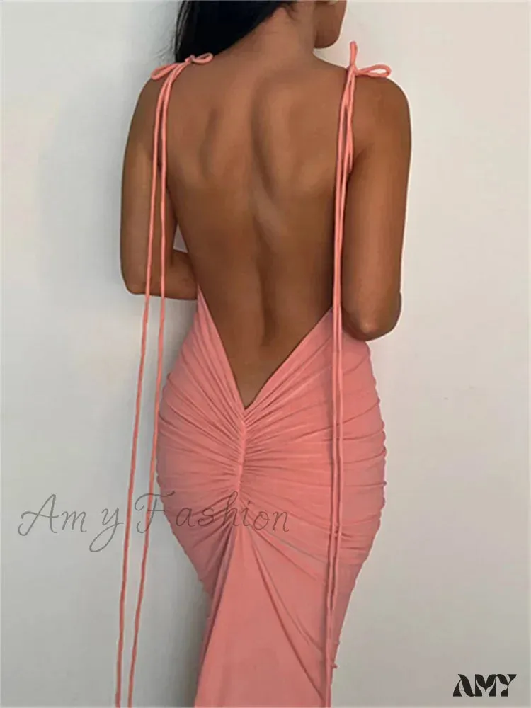 Amy Fashion - Women Sexy Backless Ruched  Adjustable Lace-up Strap Slim Elegant Solid Party Female Vestido Clubwear