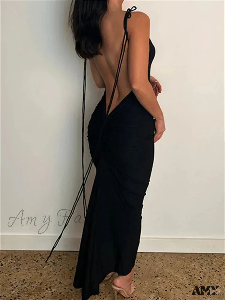 Amy Fashion - Women Sexy Backless Ruched  Adjustable Lace-up Strap Slim Elegant Solid Party Female Vestido Clubwear