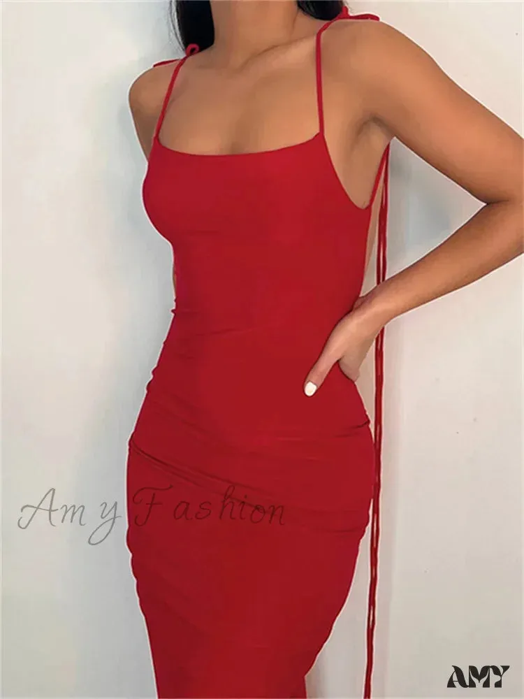 Amy Fashion - Women Sexy Backless Ruched  Adjustable Lace-up Strap Slim Elegant Solid Party Female Vestido Clubwear