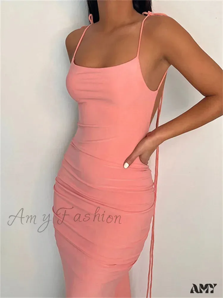 Amy Fashion - Women Sexy Backless Ruched  Adjustable Lace-up Strap Slim Elegant Solid Party Female Vestido Clubwear