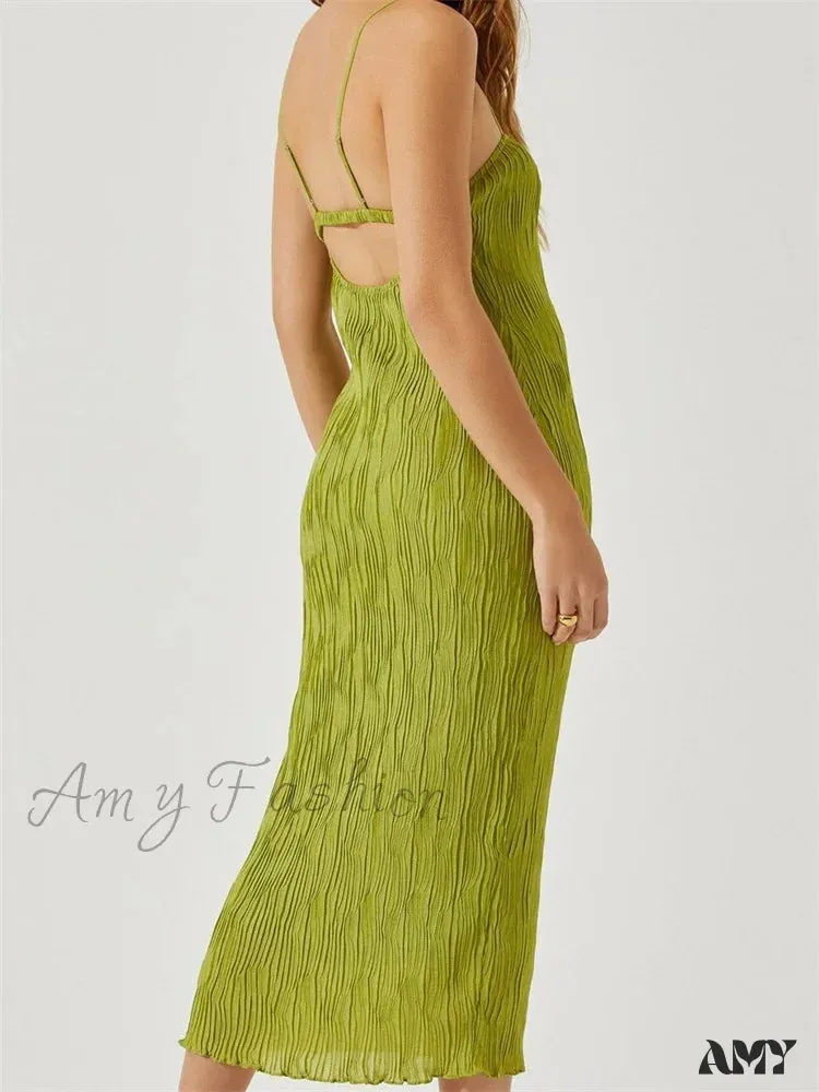 Amy Fashion - Women Sleeveless Spaghetti Strap Mid Solid Color Summer Backless Party Cocktail Beach Vestidos Streetwear