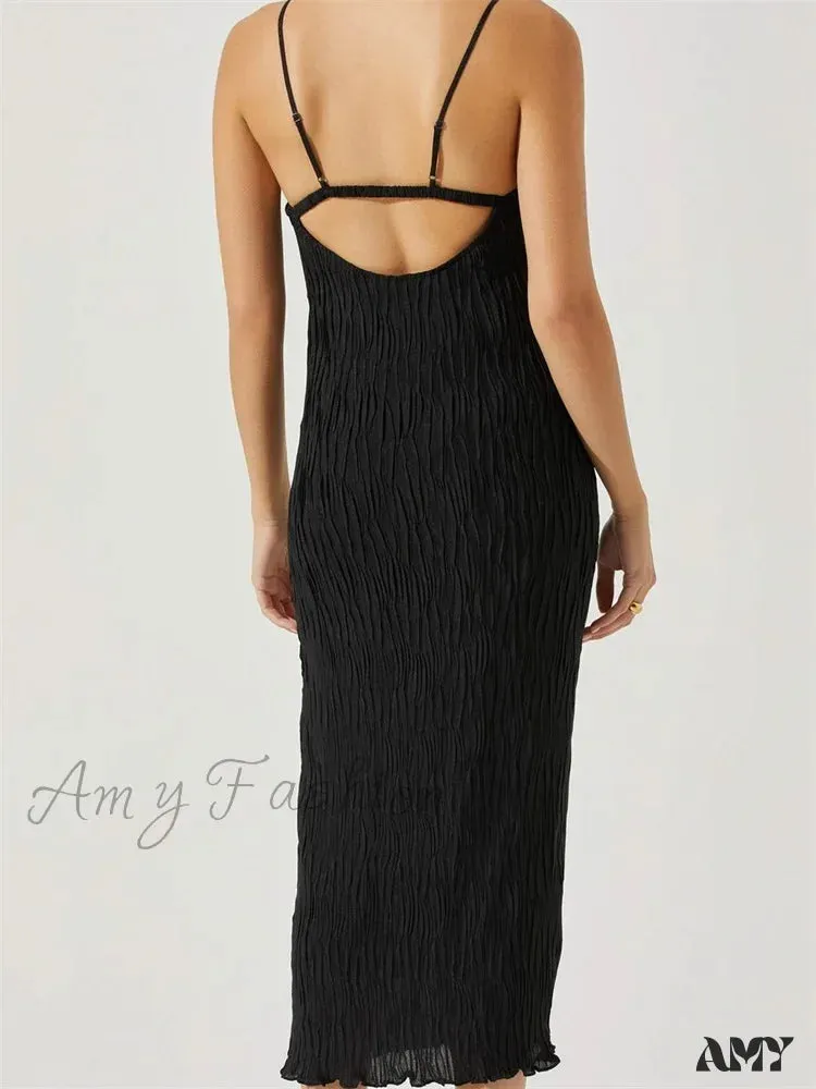 Amy Fashion - Women Sleeveless Spaghetti Strap Mid Solid Color Summer Backless Party Cocktail Beach Vestidos Streetwear