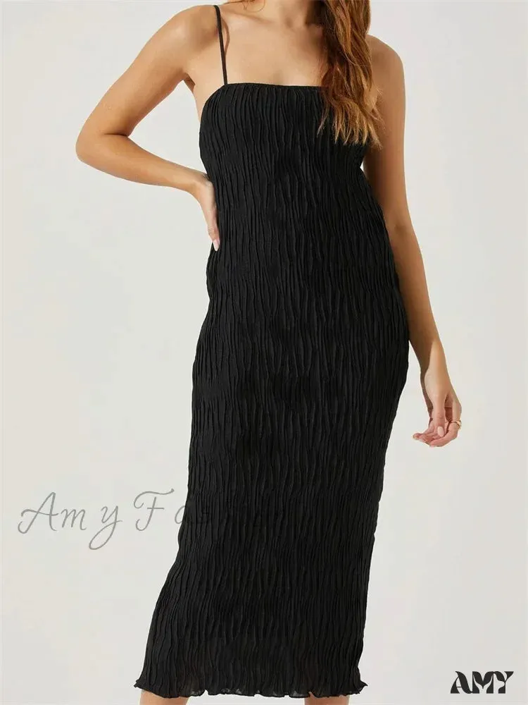 Amy Fashion - Women Sleeveless Spaghetti Strap Mid Solid Color Summer Backless Party Cocktail Beach Vestidos Streetwear