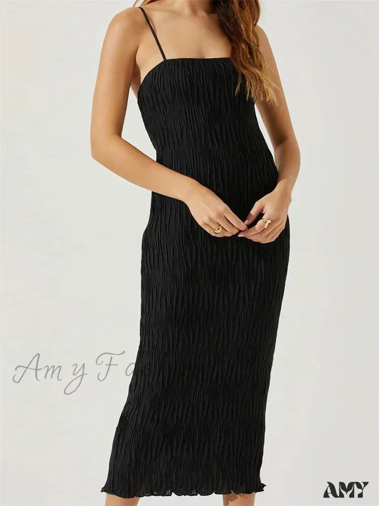 Amy Fashion - Women Sleeveless Spaghetti Strap Mid Solid Color Summer Backless Party Cocktail Beach Vestidos Streetwear