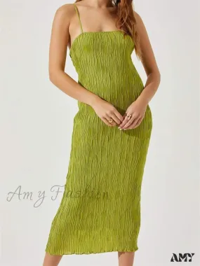 Amy Fashion - Women Sleeveless Spaghetti Strap Mid Solid Color Summer Backless Party Cocktail Beach Vestidos Streetwear