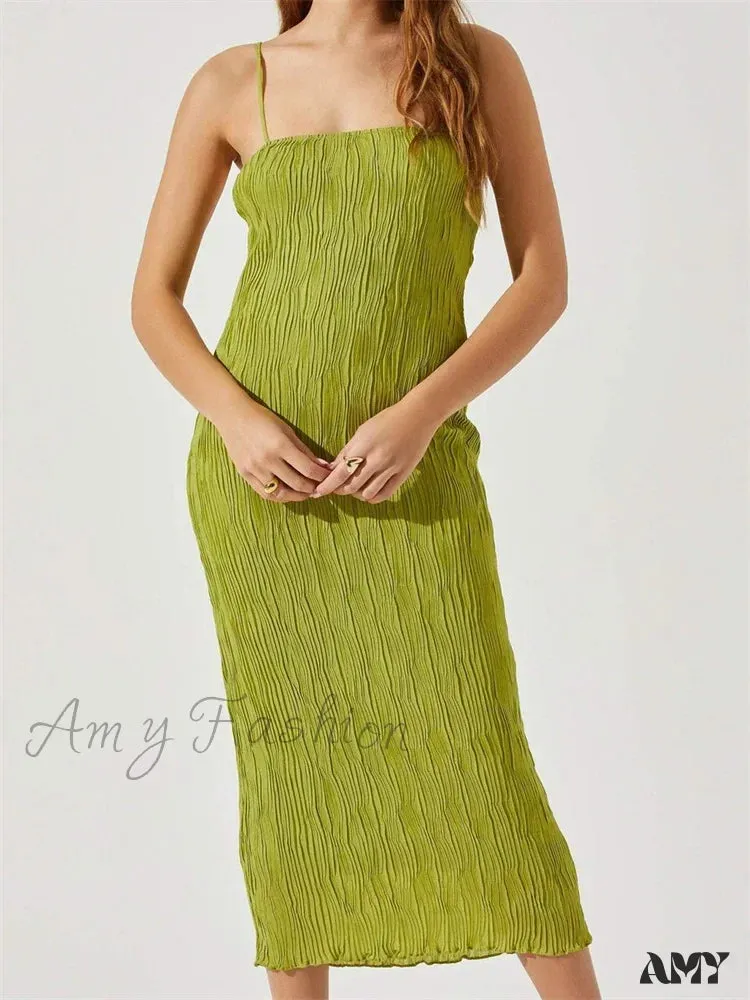 Amy Fashion - Women Sleeveless Spaghetti Strap Mid Solid Color Summer Backless Party Cocktail Beach Vestidos Streetwear