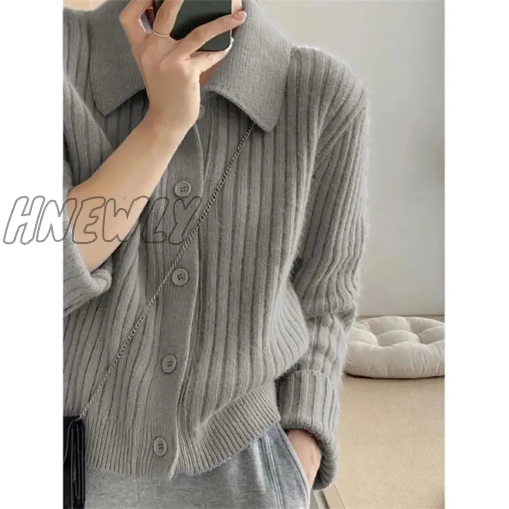 Hnewly Turn Down Knit Cardigan Women Autumn Winter Button Up Solid Color Sweater Coats Woman Long Sleeve Soft Cardigans Ladies