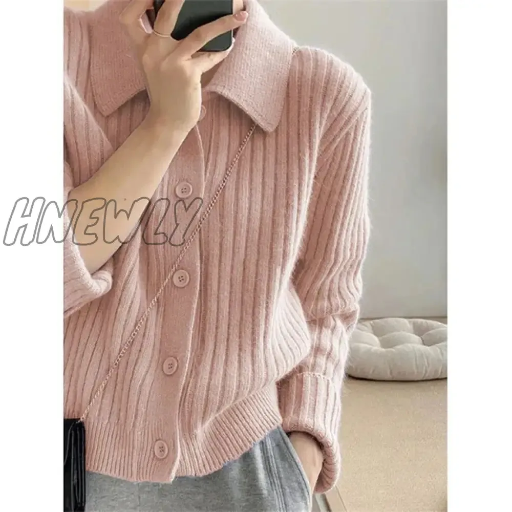 Hnewly Turn Down Knit Cardigan Women Autumn Winter Button Up Solid Color Sweater Coats Woman Long Sleeve Soft Cardigans Ladies
