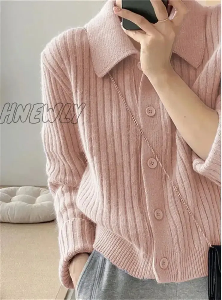 Hnewly Turn Down Knit Cardigan Women Autumn Winter Button Up Solid Color Sweater Coats Woman Long Sleeve Soft Cardigans Ladies