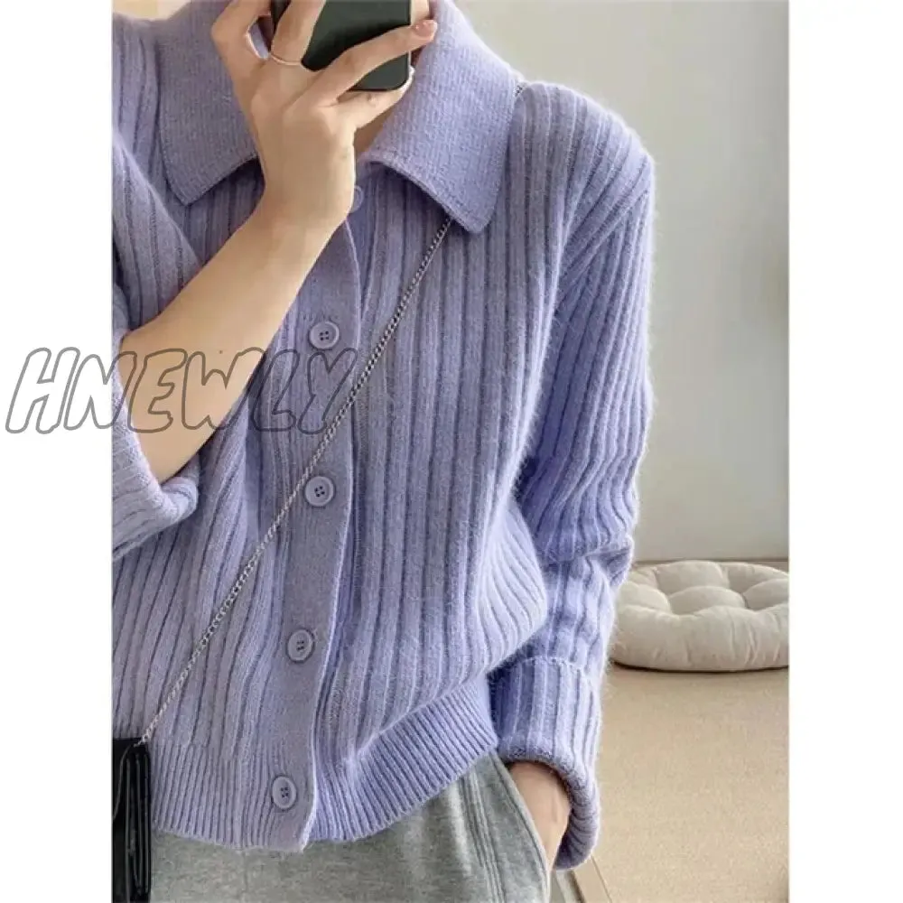 Hnewly Turn Down Knit Cardigan Women Autumn Winter Button Up Solid Color Sweater Coats Woman Long Sleeve Soft Cardigans Ladies