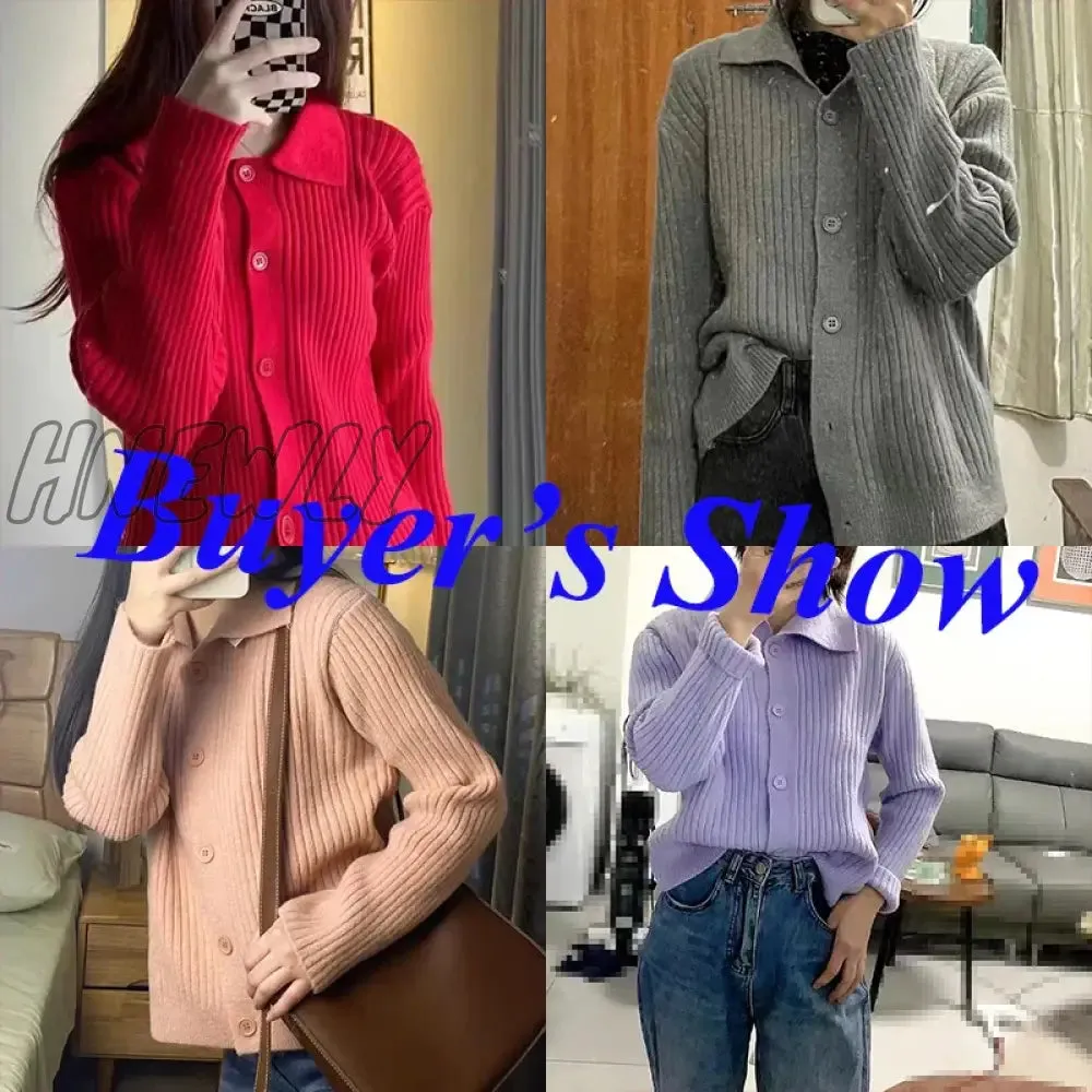 Hnewly Turn Down Knit Cardigan Women Autumn Winter Button Up Solid Color Sweater Coats Woman Long Sleeve Soft Cardigans Ladies