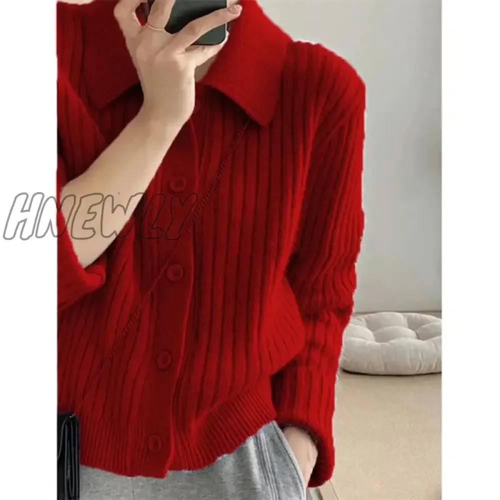 Hnewly Turn Down Knit Cardigan Women Autumn Winter Button Up Solid Color Sweater Coats Woman Long Sleeve Soft Cardigans Ladies
