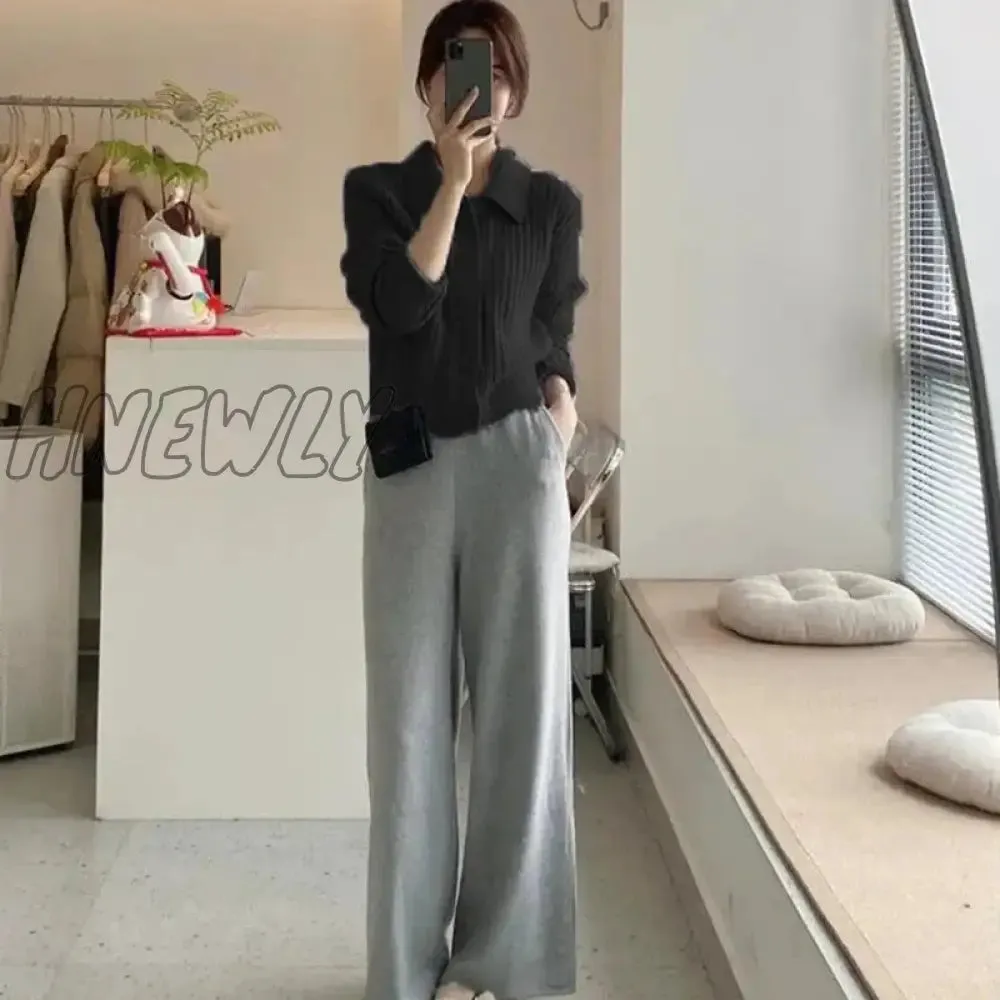 Hnewly Turn Down Knit Cardigan Women Autumn Winter Button Up Solid Color Sweater Coats Woman Long Sleeve Soft Cardigans Ladies