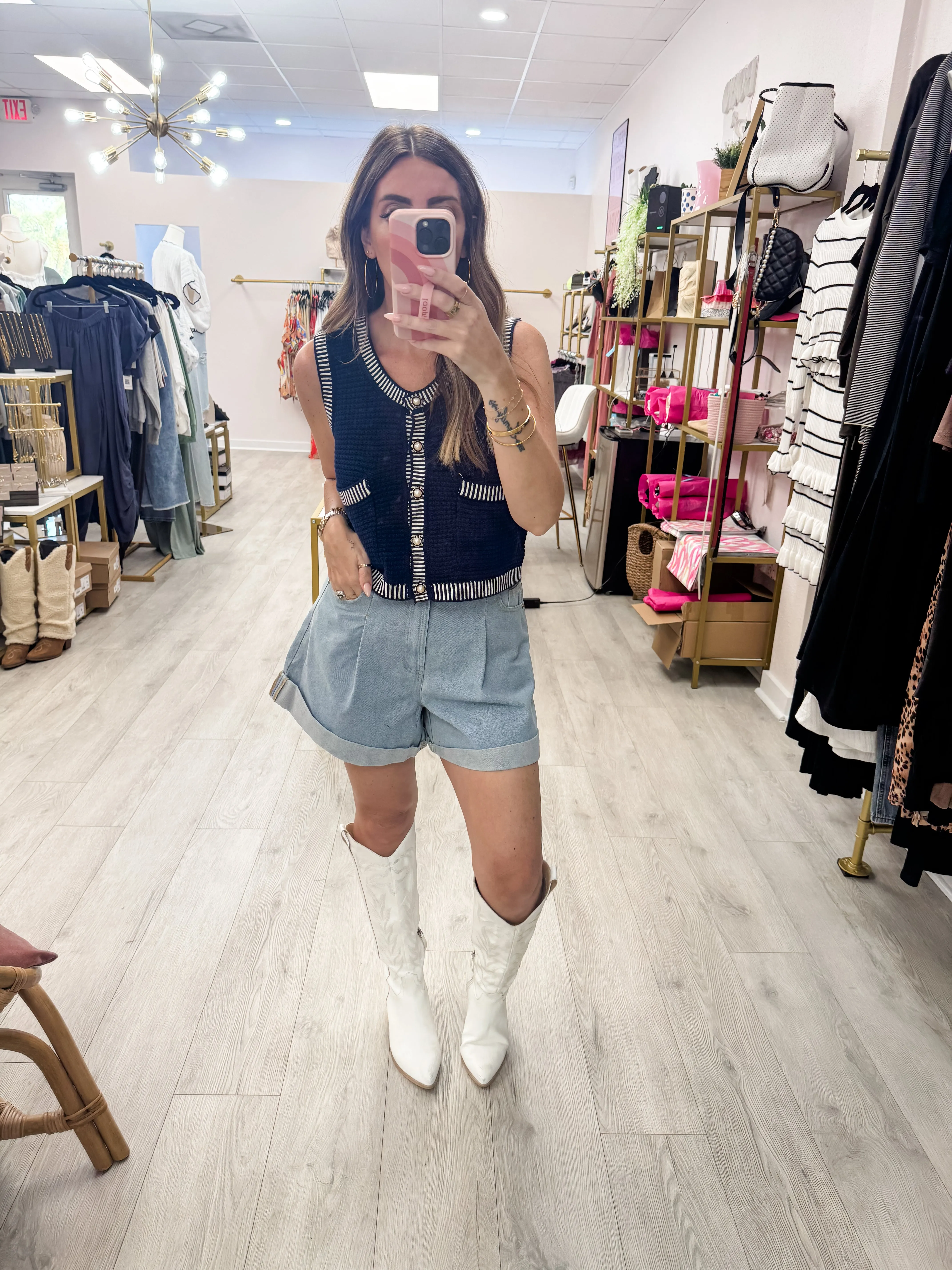 Light Blue Pleated Denim Shorts