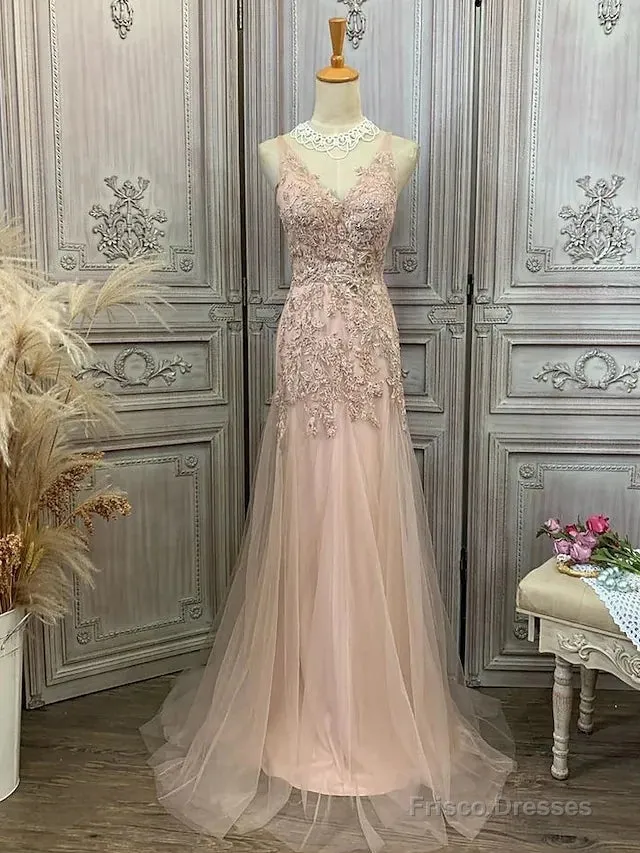 Mermaid / Trumpet Prom Dresses Maxi Dress Party Wear Sweep / Brush Train Sleeveless V Neck Tulle With Appliques