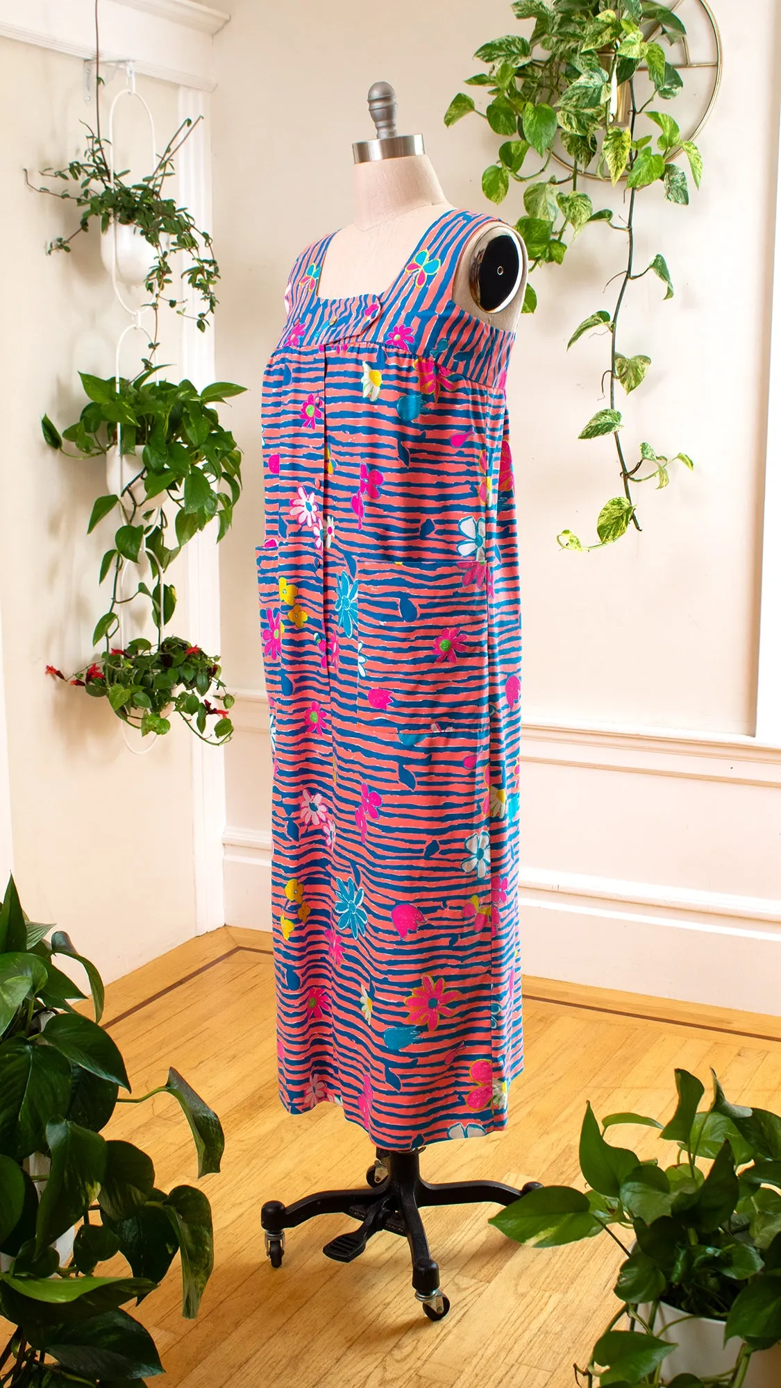 NEW ⭐️ 1960s 1970s Hawaiian Floral Striped Shirtwaist Maxi Dress | medium/large
