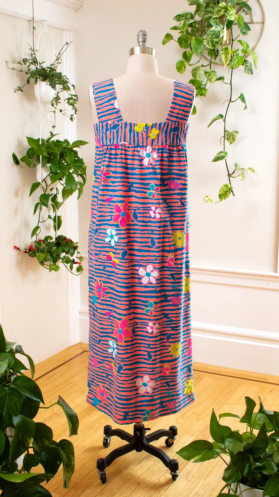 NEW ⭐️ 1960s 1970s Hawaiian Floral Striped Shirtwaist Maxi Dress | medium/large