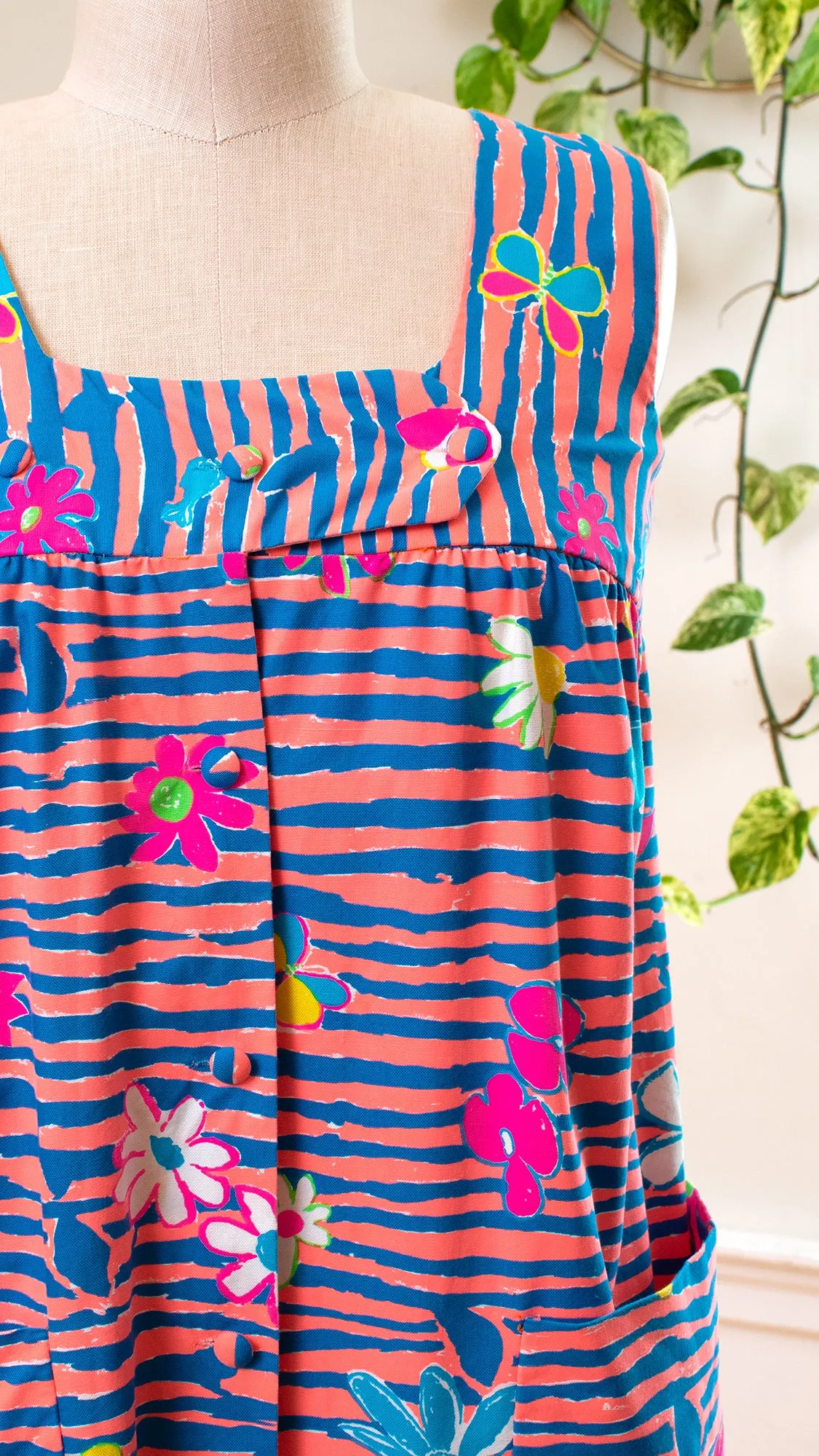 NEW ⭐️ 1960s 1970s Hawaiian Floral Striped Shirtwaist Maxi Dress | medium/large