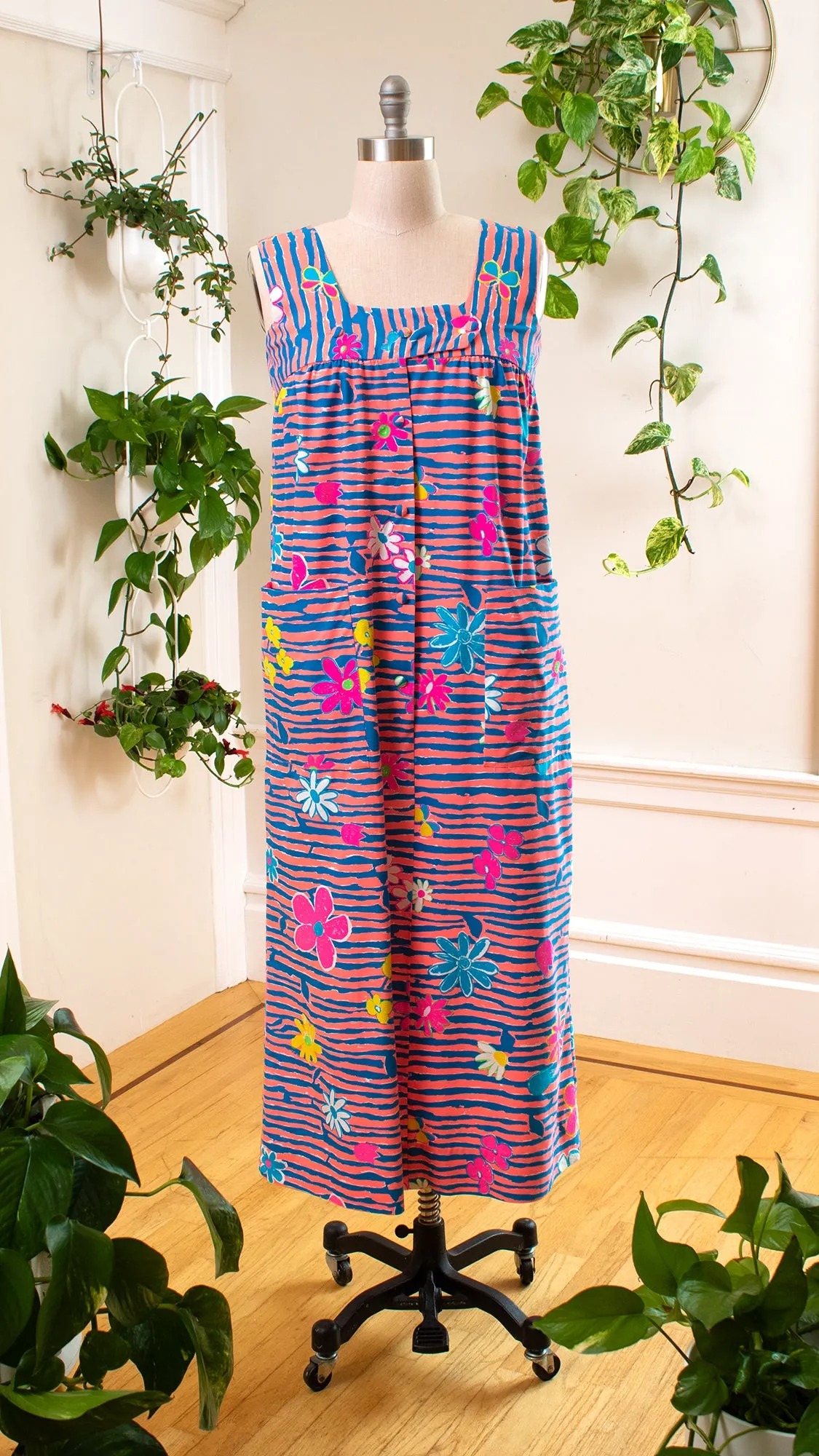 NEW ⭐️ 1960s 1970s Hawaiian Floral Striped Shirtwaist Maxi Dress | medium/large