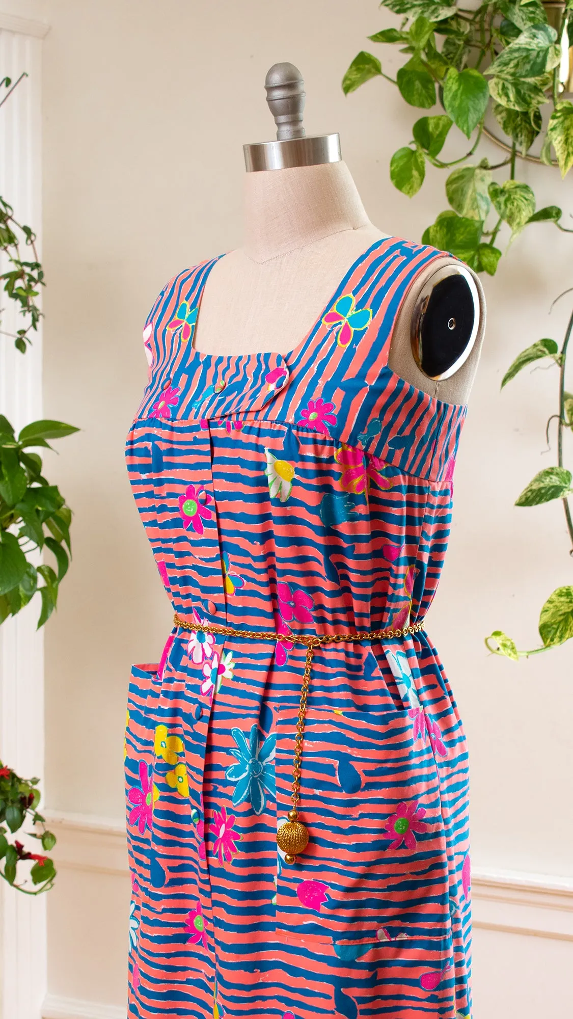 NEW ⭐️ 1960s 1970s Hawaiian Floral Striped Shirtwaist Maxi Dress | medium/large