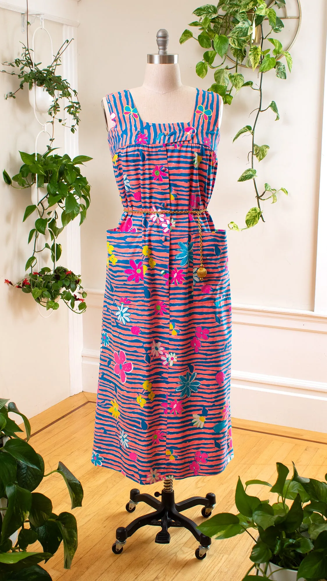 NEW ⭐️ 1960s 1970s Hawaiian Floral Striped Shirtwaist Maxi Dress | medium/large