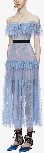 Off-Shoulder Fine Lace Maxi Dress, Light Blue