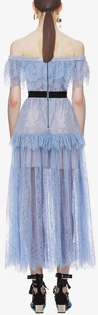 Off-Shoulder Fine Lace Maxi Dress, Light Blue