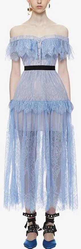 Off-Shoulder Fine Lace Maxi Dress, Light Blue