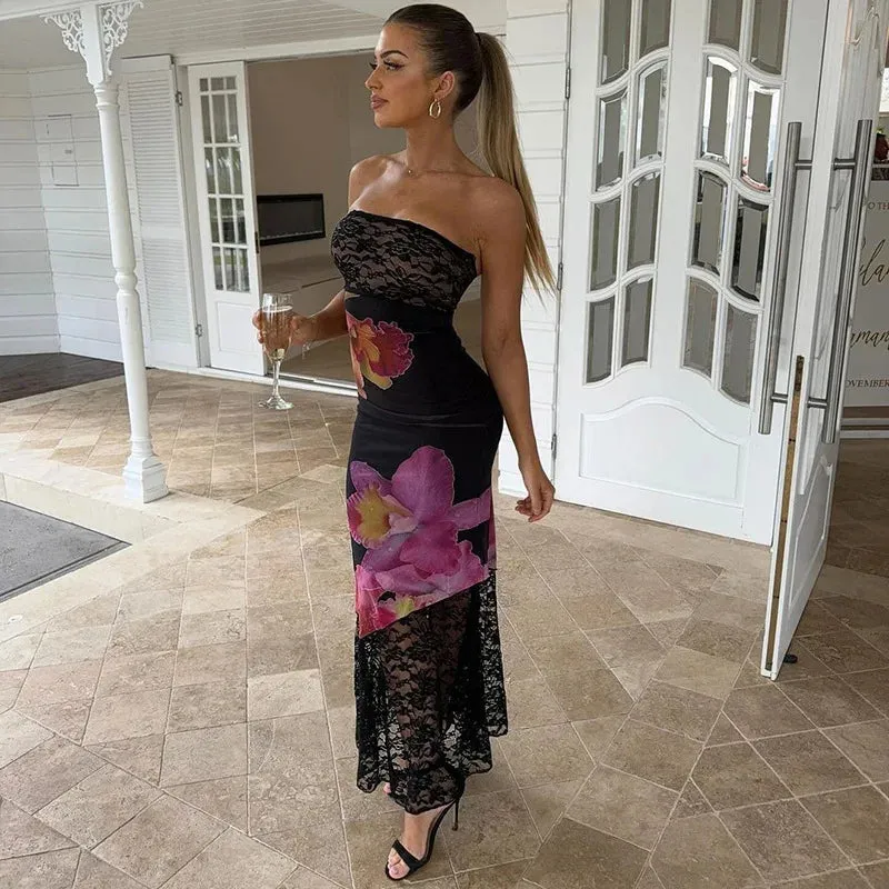 Printed See-Through Lace Patchwork Backless Bandeau Party Slim Maxi Dress