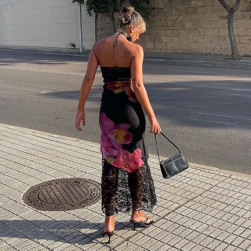 Printed See-Through Lace Patchwork Backless Bandeau Party Slim Maxi Dress