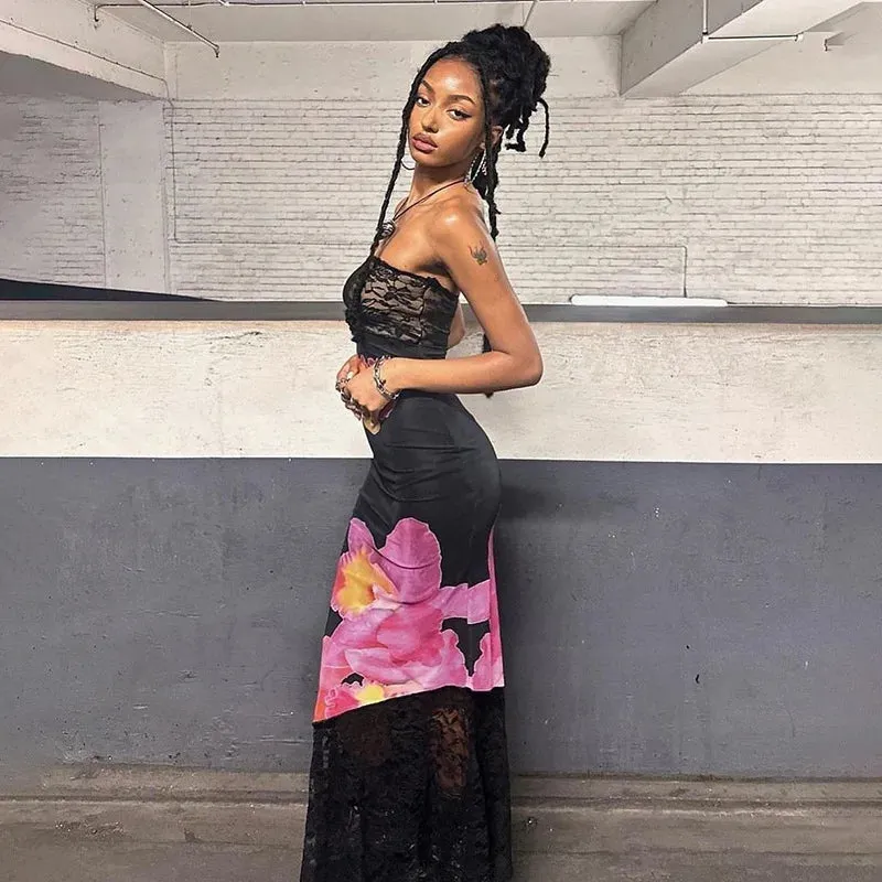 Printed See-Through Lace Patchwork Backless Bandeau Party Slim Maxi Dress