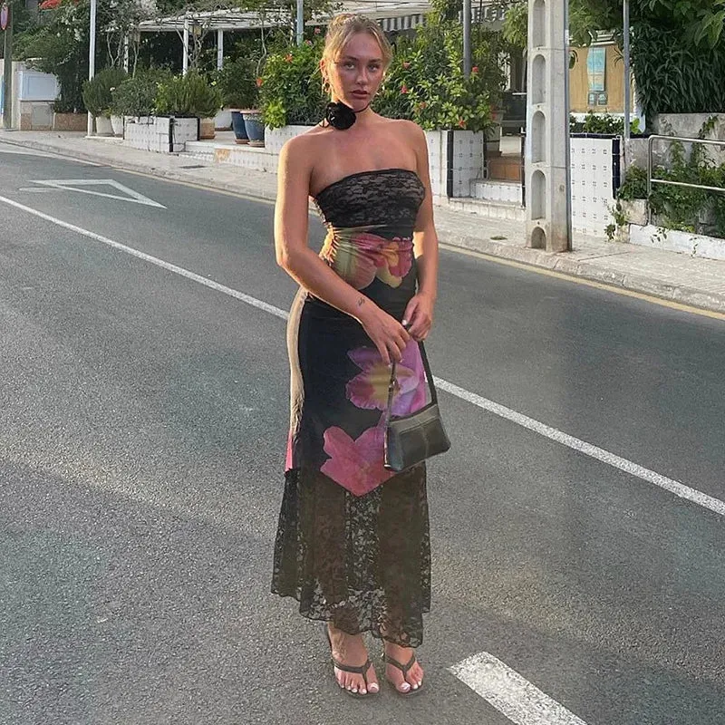 Printed See-Through Lace Patchwork Backless Bandeau Party Slim Maxi Dress
