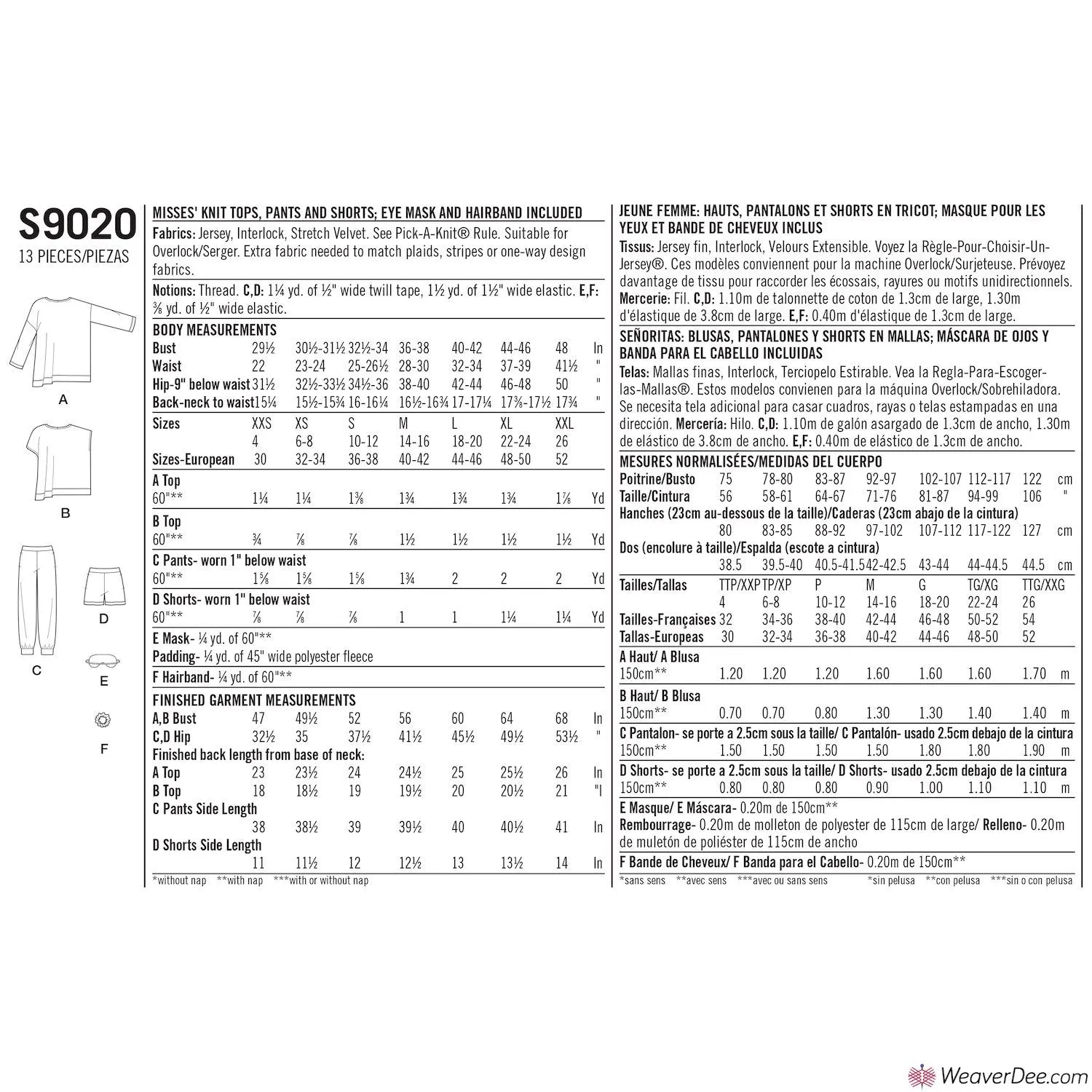 Simplicity Pattern S9020 Misses' Sleepwear Knit Tops, Pants, Shorts & Accessories